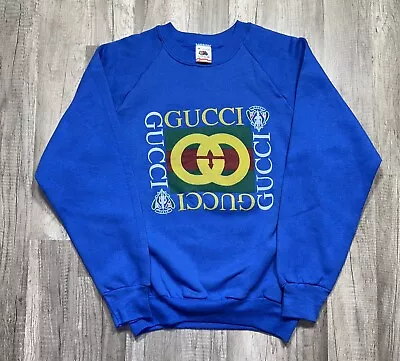 Vintage 80s 90s Bootleg Gucci Logo Pullover Sweatshirt Size Medium Blue • $100