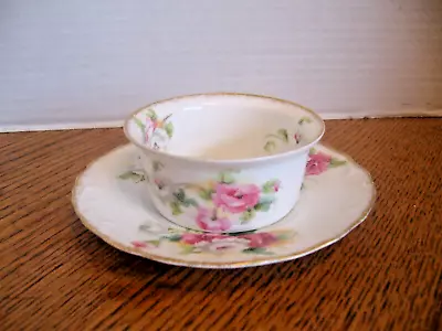 A Lanternier Limoges Ramekin Cup & Saucer W/Embossed Design Roses & Gold Trim • $12.99