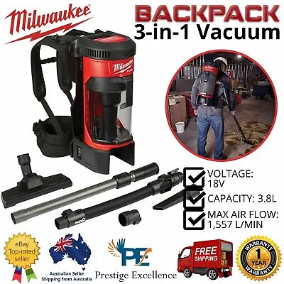 New Milwaukee Backpack Vacuum Cleaner 3.8L 18V M18 Fuel 3-in-1 2-Speed Switch AU • $567.79