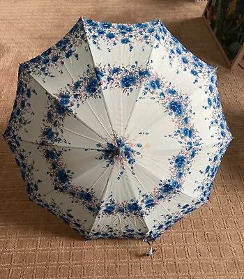 Vintage Umbrella ~ 1960s RETRO Blue & Pink FLORAL ~ Pleather Covered Handle • $9.99