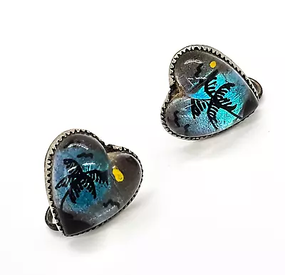 Butterfly Wing Palm Tree Beach Vintage Sterling Silver Screw Back Heart Earrings • $20