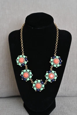 $24 • Buy J. Crew Salmon Teal Chunky Gold-Toned Statement Necklace Crystal Rhinestones NEW