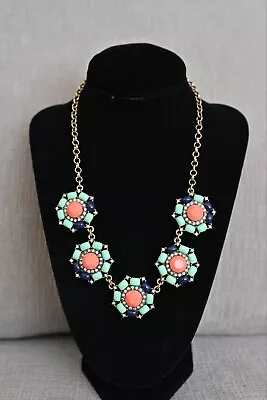 J. Crew Salmon Teal Chunky Gold-Toned Statement Necklace Crystal Rhinestones NEW • $24