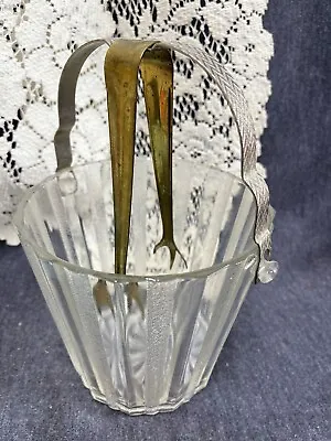 Vintage Mid Century Modern Glass Ice Bucket With Metal Handle And Tongs • $9