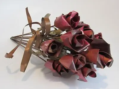 Mid Century Metal Brutalist Dozen Stem Roses Bouquet Sculpture Copper Metalwork • $219