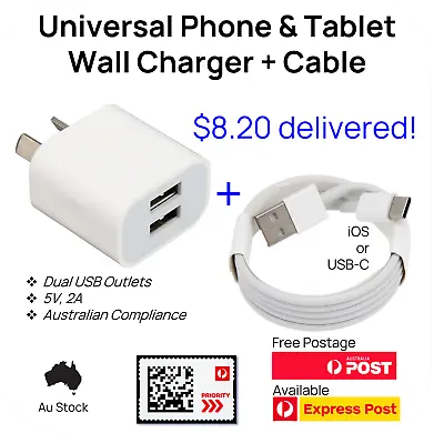 $6.55 • Buy Universal Dual Port USB Power Charging Adaptor Wall Plug + USB-C Or IPhone Cable
