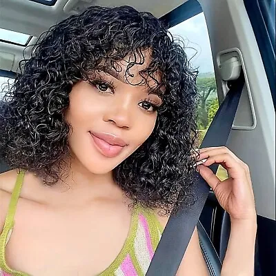 Afro Machine Made With Bangs Wig Brazilian Curly Hair None Lace Human Hair Wigs • $17.91