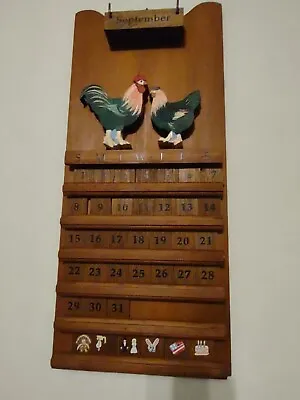 LARGE 23.5  VTG Wooden Farmhouse Perpetual Calendar Roosters Hand Made/Painted • $45.99