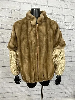 Country Pacer Faux Fur Coat Jacket Full Zip Knitted Sleeve Womens 12 Vtg 70s • $75.99