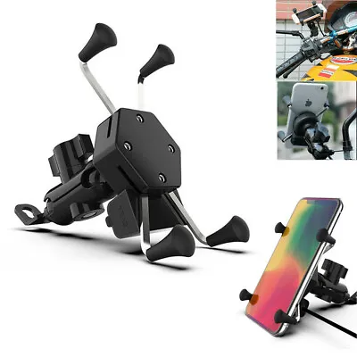 Universal Motorcycle Motorbike Mobile Phone Mount Holder X Grip Clamp USB Charge • £7.99