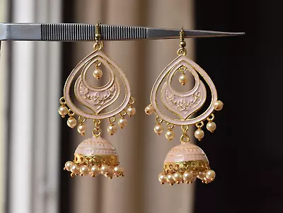 Indian Bollywood Style Light Pink Meenakari Lotus Jhumka Earring For Wedding • $23.39
