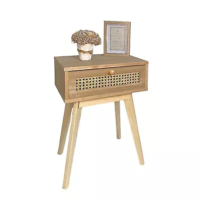 Urban Paradise Bedside Table Vintage Cane Wooden Side Table Cabinet - Natural • £42.99