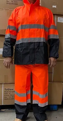 Orange Safety Rain-suit Rain Jacket With Hoodie And Rain Pants  • $44.99