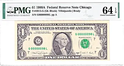 1988-A $1 Federal Reserve Note PMG 64EPQ Fancy LOW 2 DIGIT Serial #G00000098L • $325