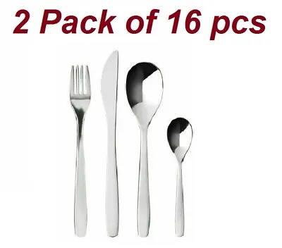 2 X Pack Of 16 Pieces IKEA MOPSIG Stainless Steel Cutlery Set Food Dining UK  • £16.95