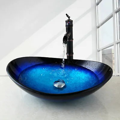 £149.99 • Buy Oval Blue Glass Bathroom Countertop Wash Basin Bowl Sink Black Mixer Taps Faucet