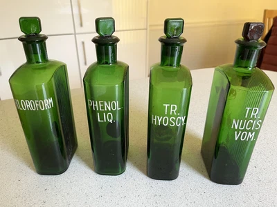£75 • Buy 4 Vintage Pharmacy, Chemist, Apothecary Green Glass Bottles