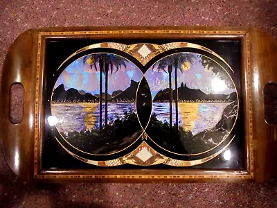 Vintage Brazilian Rio De Janeiro Morpho Butterfly Wing Inlay Wood 2-handle Tray • $45.99