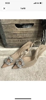 $60 • Buy ZARA Nude Point Toe Slingback Pumps With Jeweled Toe Kitten Heel  40/9.5 Amina!