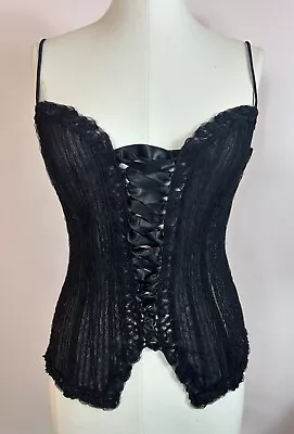 Vtg La Perla Corset Bustier Women’s 44 Lace Up See Through Black Gold Italy • $89