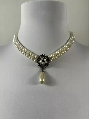 Vintage 1950s Faux Pearl 2 Tier Choker Ivory Necklace Statement Piece • $27.99