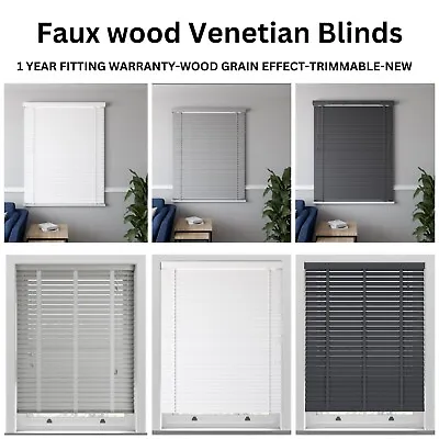 Faux Wood Venetian Blinds 50mm White Wood Wooden Window Blind Easy Fit Trimable • £17.21