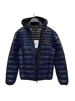 Siksilk Packable Bubble Jacket Mens Blue Puffer Hooded Quilted Coat NWT M (S?) • $27