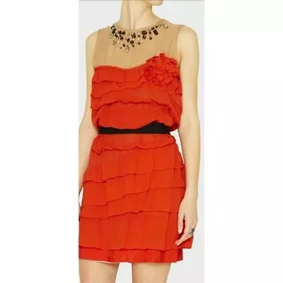 Lanvin For H&M RARE Tiered Silk Illusion Neckline Gem Stud Orange Mini Dress  4 • $105