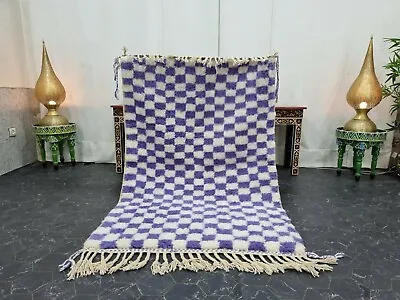 Beni Ourain Moroccan Handmade Rug 3'7''x5'5'' Checked Berber White Purple Carpet • $339