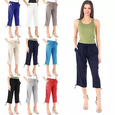 Ladies Linen 100% Cotton Three Quarter Trouser Womens Cropped Capri Shorts Pants • £7.95