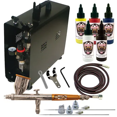 Paasche 1/4 HP Airbrush Compressor W/ TG-3AS Gravity Feed Airbrush Set & Paints • $391