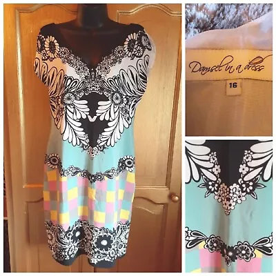 DAMSEL IN A DRESS 100% Silk Short Pastel Sheath Dress UK 16 Floral Print V Neck • £6