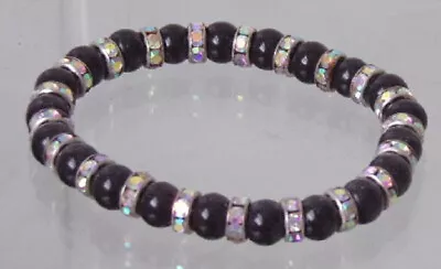 Beautiful Black Round Bead W/ Round Crystal Rhinestone Spacers Stretch Bracelet • $6.99