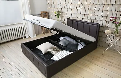 Storage Leather Bed Ottoman Gas Lift Double Or King Size Memory Foam Mattress • £179.87