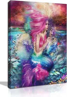 Mermaid Pictures Canvas Wall-Art For Bathroom - Pink Mermaid Room Decor For Girl • $19.95