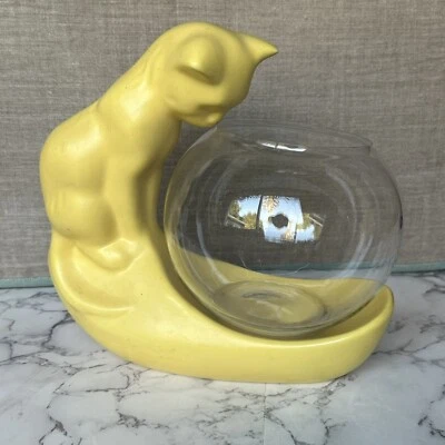 $75 • Buy Vintage Camark Pottery Yellow Cat W/Fish Bowl Original Sticker