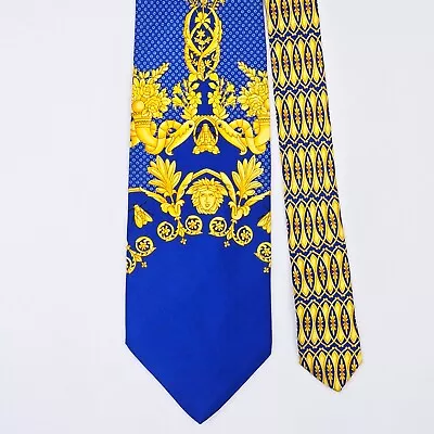 VERSACE TIE Medusa & Floral On Polka Dot Blue Silk Necktie • $28