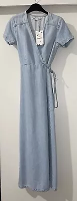 Zara Blue Z1975 Cotton Soft Denim Short Sleeves Midi Wrap Dress Size M Bnwt • £34.99