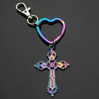 $6.99 • Buy Cross Hollow Art Design Rainbow Neon Keychain Pendant Heart Shaped Key Ring Clip