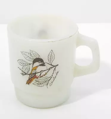 Vintage Anchor Hocking Milk Glass Coffee Mug With Chickadee Song Bird • $21.98