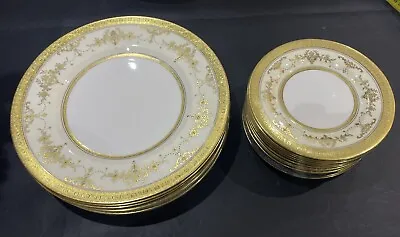 Minton Riverton Raised Gold Gilded Porcelain Dinner & Bread Plates • $2180.79