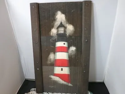 Vintage Lighthouse Painting On Wood Nautical Seagulls Signed 17 X 10 1/4 Inches • $40