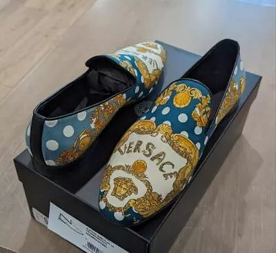 $750 Mens VERSACE Polka Dot Print Fabric Slippers Loafers Blue/Gold 43 US 10 • $399.99