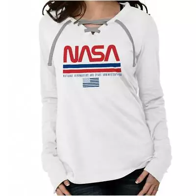 NASA Space Program Retro Worm Logo Patriotic Womens Long Sleeve Laceup T Shirt • $21.99