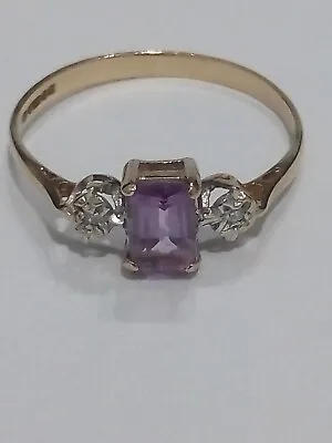 9ct Gold Amethyst & Diamond Ring - Size P Fully Hallmarked • £109