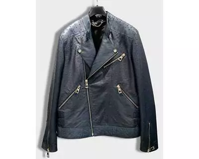 Real Ostrich Embossed Leather Men's Blue Handmade Motorcycle Biker Jacket • $109.69