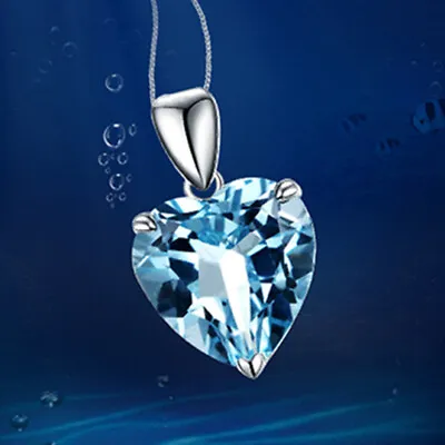 Shiny 925 Sterling Silver Love Heart Aqua Blue CZ Pendant Necklace Gift • £4.36