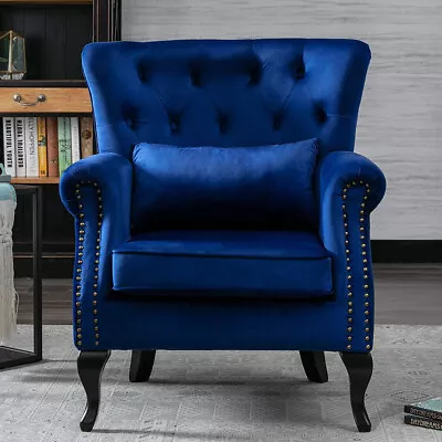 Navy Blue Velvet Armchair Chesterfield High Wing Back Accent Queen Anne Chair UK • £159.95