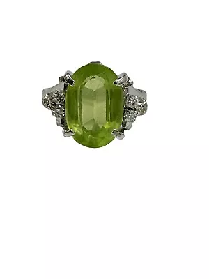 Estate Platinum 3.92 Ctw Oval Green Peridot & Diamond Halo Cocktail Ring Vintage • $549.99