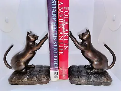 Antique Weighted Bronze Cat Bookends Stretching Kitty’s On Pillows 5 Inch • $174.95